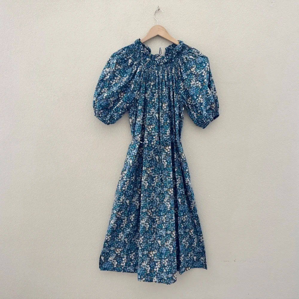J. Crew Smocked Puff Sleeve Midi Dress XS Liberty Fabric Blue Floral Cottagecore - Picture 5 of 16